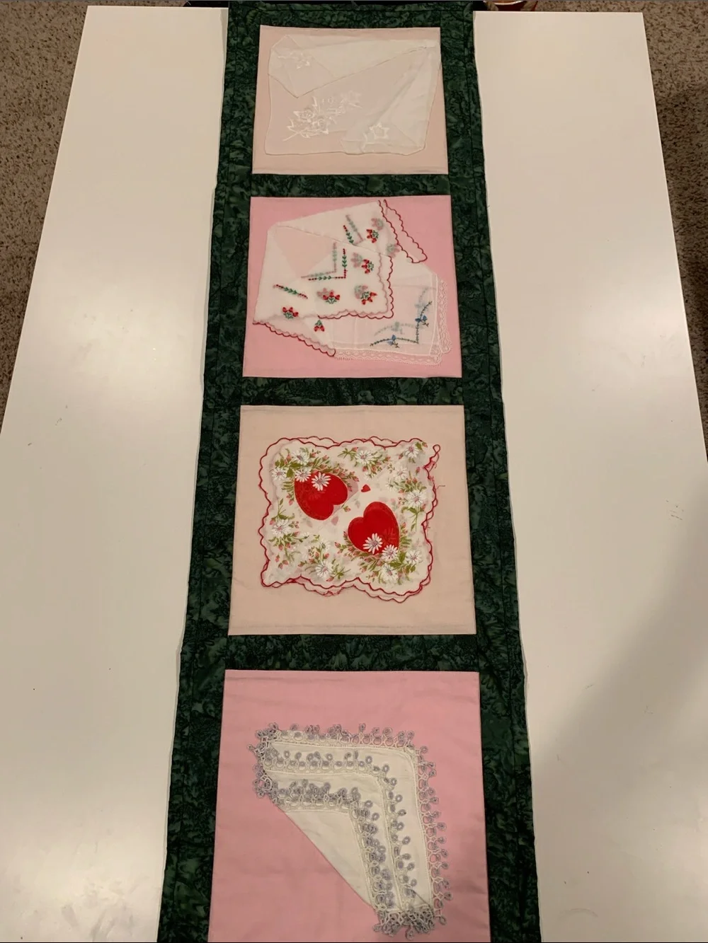 Quilted Pink & Green Table Runner with Decorative Handkerchief Panels